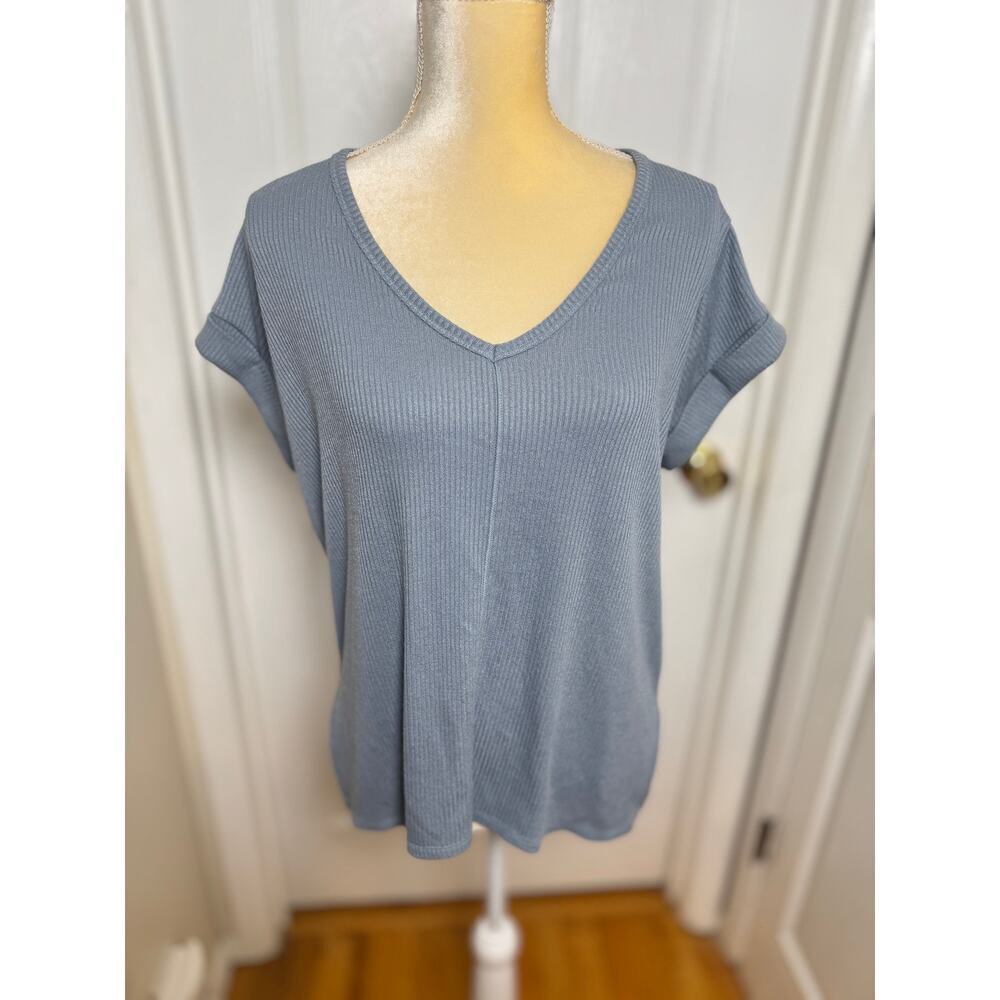 Rag & Bone The Knit Ribbed VNeck Tee Short Sleeve Greyed Blue Size Medium